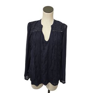 Tiny by Anthropologie Navy Embroidered Split Neck Blouse Size Medium‎ Boho